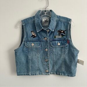 NWT Andrews Blues Denim Vest embroidered horse and cowboy boots
